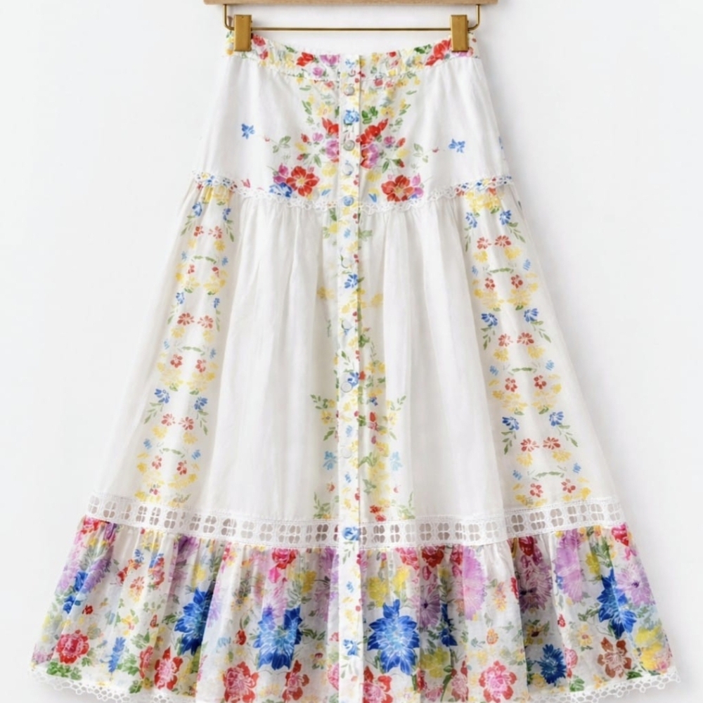 Charo Ruiz White Floral Garden Multi Colored Maxi/Midi Skirt, Cotton, NWT size M - Picture 4 of 15